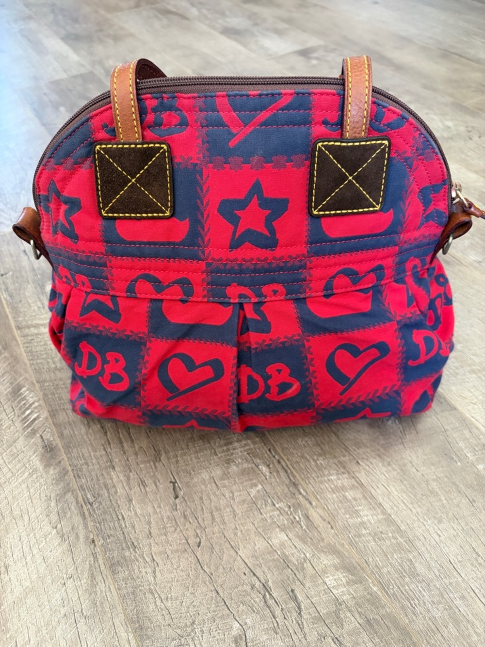 Dooney & Bourke Red and Navy Heart-Print  Signature Domed Zip Satchel - Picture 2 of 7